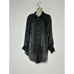 New Vince Camuto Top Womens Plus 1X Black Satin Long Sleeve Shirt‎ Hi/Low Hem